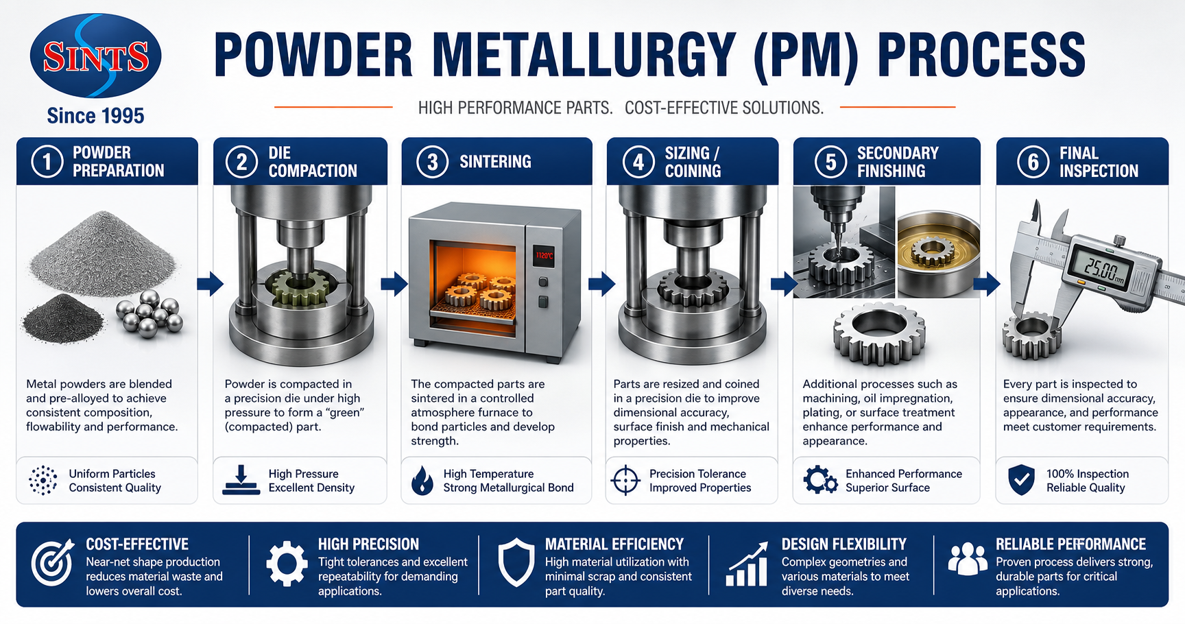 Educational infographic of the powder metallurgy process from powder preparation to final inspection