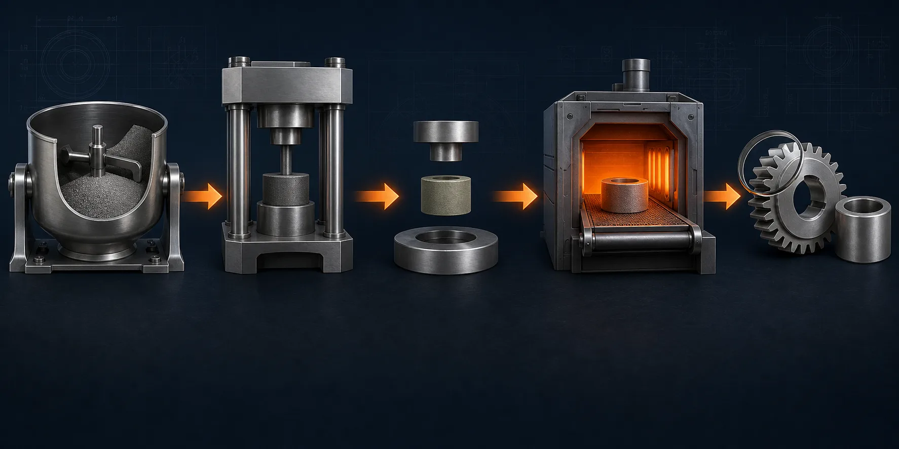 Five-stage powder metallurgy process from powder blending to final inspection