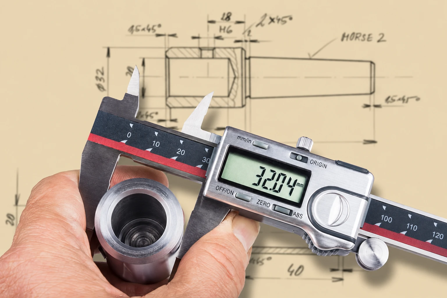 SINTS engineer reviewing part dimensions against drawing with digital caliper