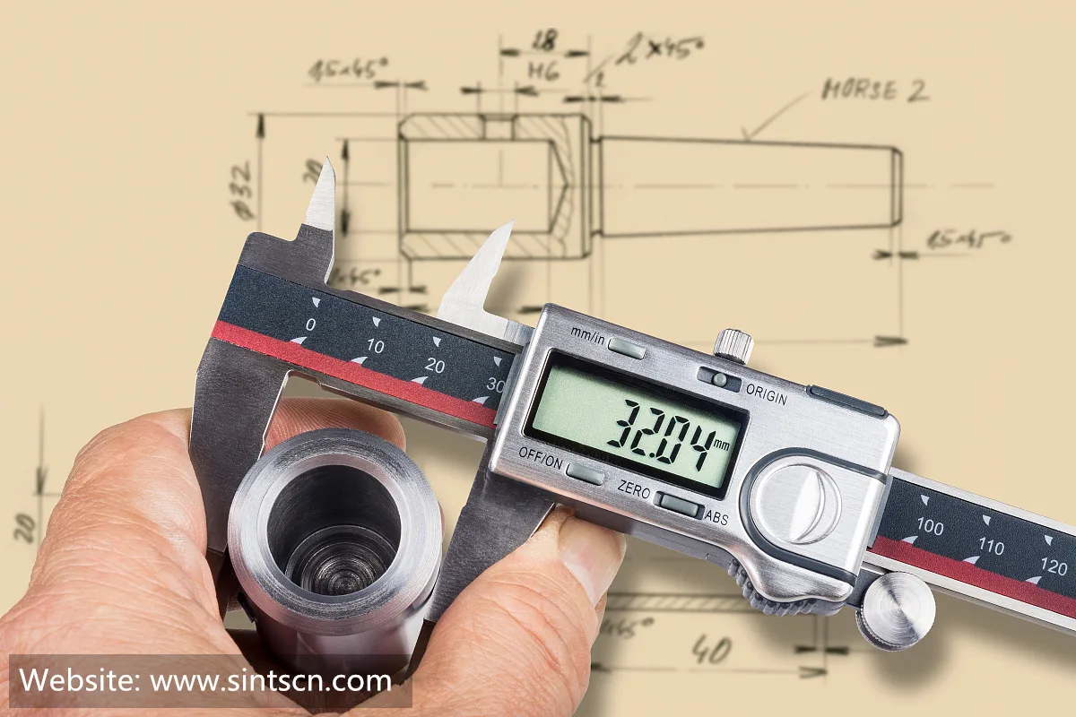 SINTS engineer reviewing part dimensions against drawing with digital caliper