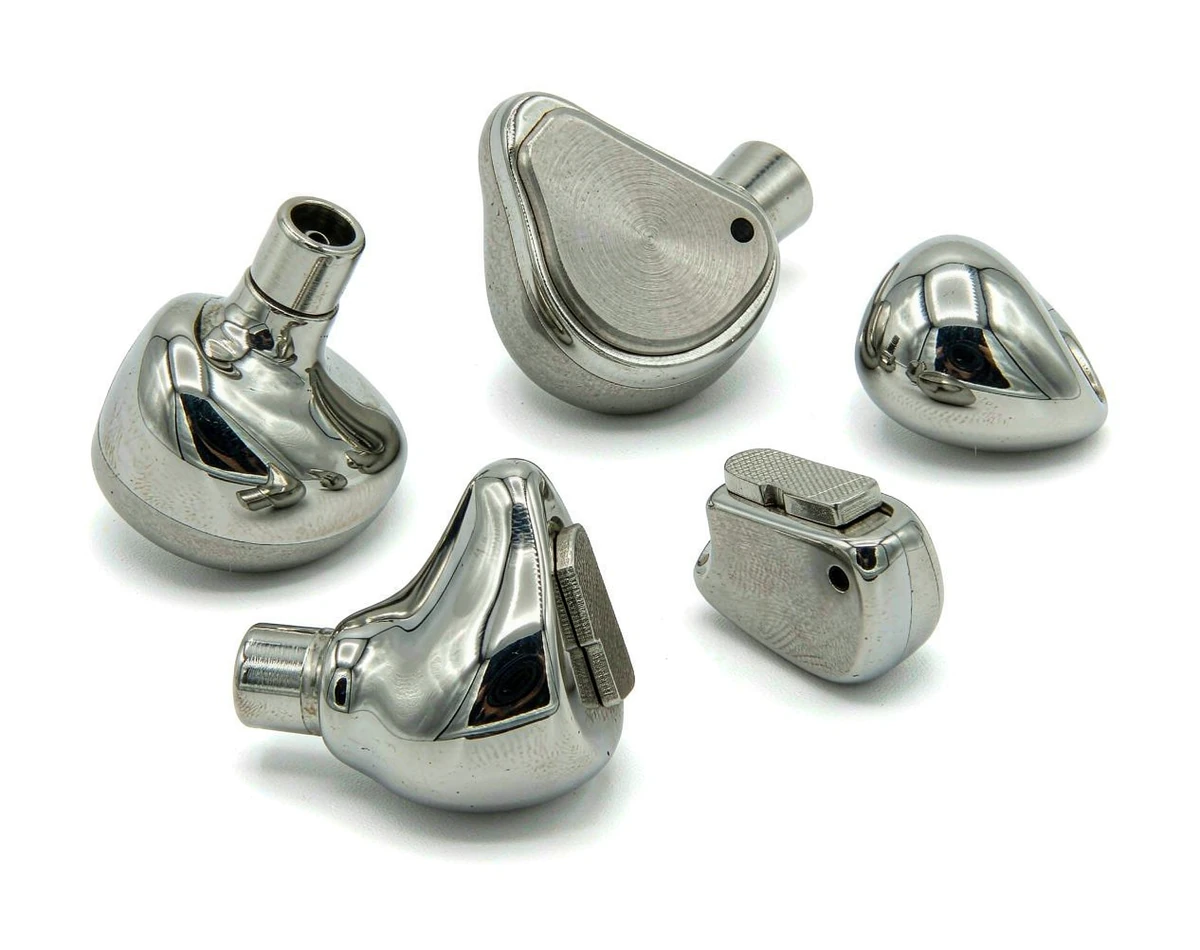 Stainless steel in-ear headphone shells, nozzle stems and hinge inserts